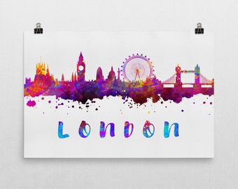London Skyline Watercolor Art Print: Colorful Cityscape Poster