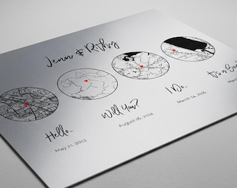 Personalized 10-Year Anniversary Map: Aluminum  Tin “Hello, Will You, I Do”