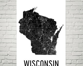 Wisconsin Map Art Print, Modern State Road Map Poster