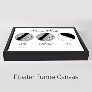 May include: A rectangular canvas in a black floater frame featuring three circular map illustrations with red heart markers. Text reads Adrienn & Kent, Hello 09.16.2012, Will You? 09.16.2013, and I Do 03.01.2014. The design is printed on a white background.