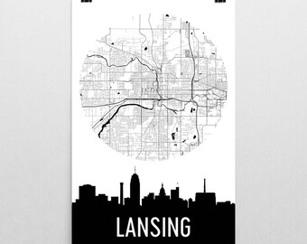 Lansing Michigan Skyline Map Art Print: East Lansing Silhouette