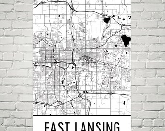 East Lansing kaart, East Lansing kunst, East Lansing Print, East Lansing MI Poster, East Lansing kunst aan de muur, kaart van East Lansing, Gift, afdrukken, kunst