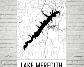 Impression d'art de carte du lac Meredith au Texas : décoration minimaliste de maison de lac