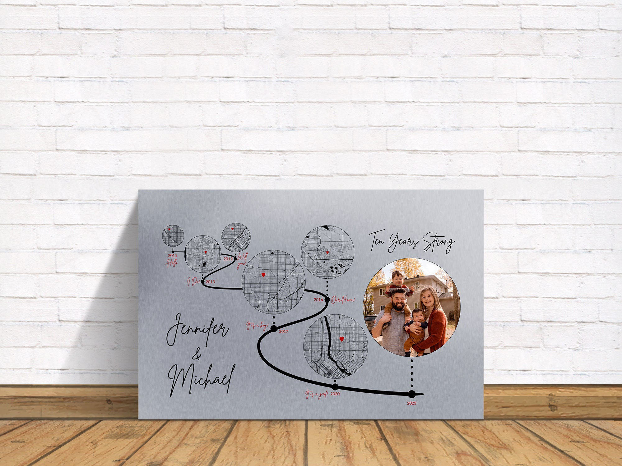 Custom aluminum relationship timeline map with milestone locations dates and family photograph