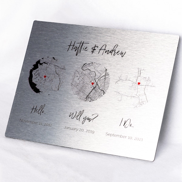 Mapa personalizado de aluminio del 10.º aniversario: «Hola, ¿quieres?, ¿quiero?»