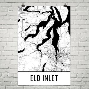 Eld inlaat Washington Eld inlaat WA, Eld inlaat kaart, Washington kaart, Meerhuis Decor, Lake kaart, Eld inlaat Print, visserij Poster, afdrukken, kunst
