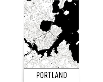 Stampa artistica della mappa stradale di Portland, Maine, arredamento moderno della città