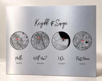 Personalized Our Story Map on Aluminum, Four Locations with Custom Names and Dates