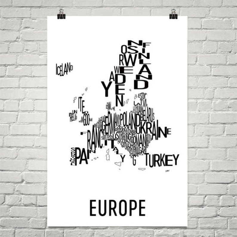 Europe Typography Map Art Print Europe Wall Art Europe Art Etsy