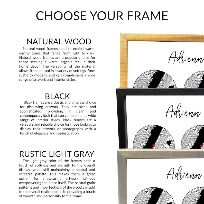 May include: A product display showing three rectangular frames in natural wood, black, and rustic light gray finishes. The text CHOOSE YOUR FRAME is at the top, followed by descriptions for each frame style and images of framed artwork.