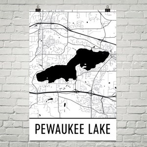 Pewaukee Lake Wisconsin, Pewaukee Lake WI, Pewaukee Chain of Lakes, Wisconsin Map, Lake Map, Wisconsin Art, Wisconsin Lakes, Wisconsin Print