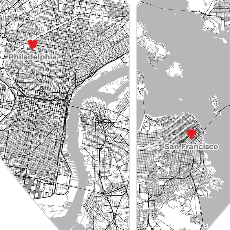 May include: A black and white map of Philadelphia and San Francisco with red hearts marking the location of each city. The text "Philadelphia" and "San Francisco" are labeled on the map.