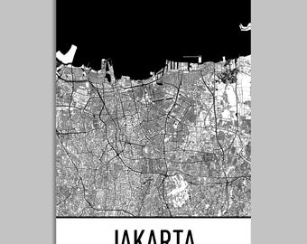 Jakarta City Street Map Art Print: Indonesian Decor