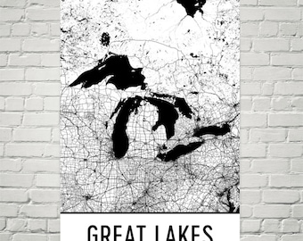 Great Lakes Map Art Print, Lake House Decor