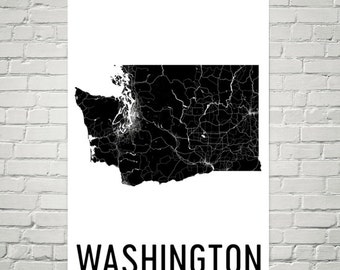 May include: A black and white map of the state of Washington with the word "WASHINGTON" printed in black below the map.