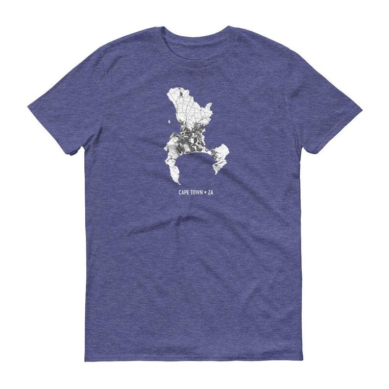 May include: A blue t-shirt with a white outline of Cape Town, South Africa. The text "CAPE TOWN * ZA" is printed below the outline.