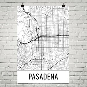 May include: A black and white map of Pasadena, California, USA, displayed on a white poster. The map details the city's streets and highways. The word "PASADENA" is printed in bold, black letters at the bottom of the poster.