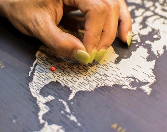 Grey World Map, Push Pin Travel Map, Wall Art
