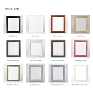 May include: A collection of twelve rectangular picture frames labeled Framed Prints, featuring various finishes including black, white, cherry, natural wood, and rustic textures in black, white, brown, red, green, gray, light blue, and beveled white.