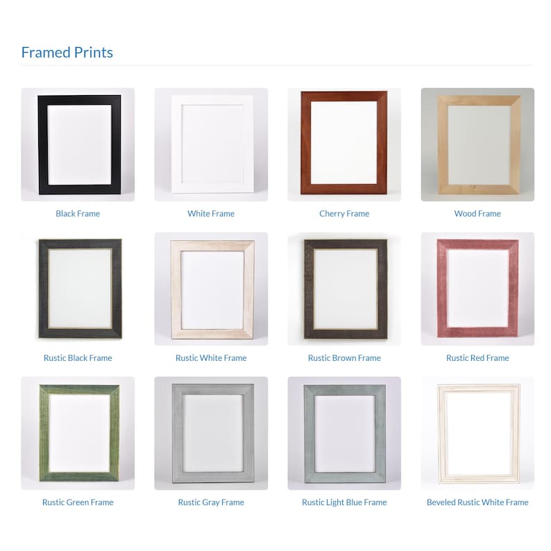 May include: A collection of twelve rectangular picture frames labeled Framed Prints, featuring various finishes including black, white, cherry, natural wood, and rustic textures in black, white, brown, red, green, gray, light blue, and beveled white.