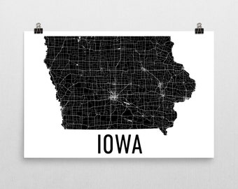 Iowa Map Art Print, Modern State Road Design, Iowa Decor