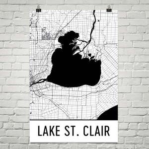 Lake St. Clair Michigan, Lake St. Clair MI, Detroit Art, Detroit Decor, Lake Map, Michigan Map, Cottage Decor, Detroit Map, Michigan Print