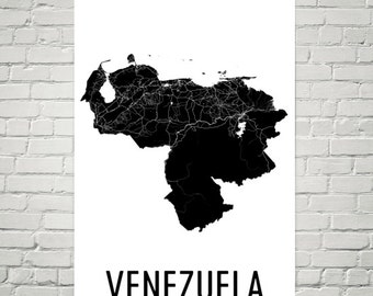 Venezuela Map Art Print, Venezuelan Street Map, Modern Home Decor