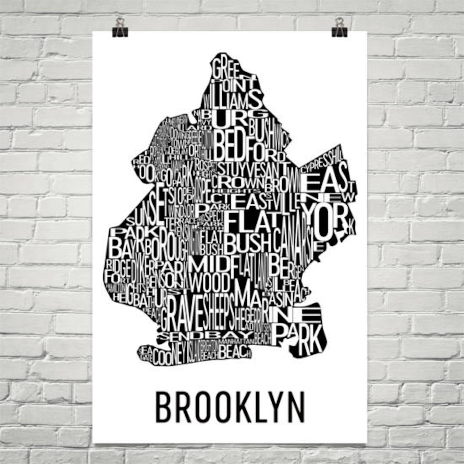 Brooklyn Typography Neighborhood Map Art City Print Brooklyn image 0.