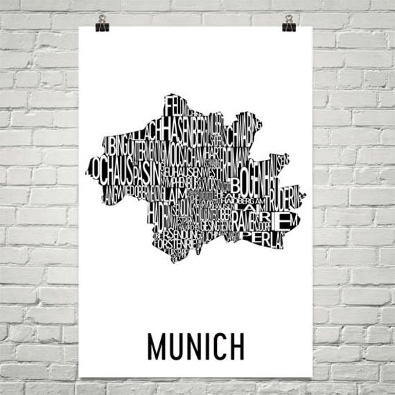 Munich Typography Map Print: Germany Neighborhood Art Poster