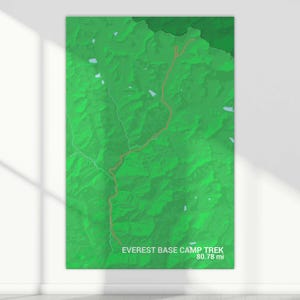 May include: A green and tan map print of the Everest Base Camp Trek, with a red line indicating the trail. The text "EVEREST BASE CAMP TREK 80.78 mi" is printed at the bottom of the map.