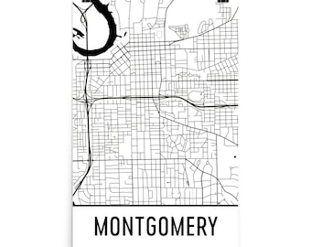Stampa artistica della mappa stradale di Montgomery, Alabama, decorazione della città