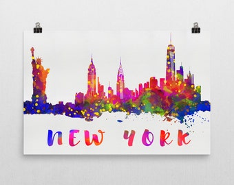 New York Skyline Watercolor Art Print: NYC Canvas