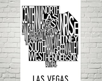 Impression d'art de carte typographique de Las Vegas : quartiers du Nevada