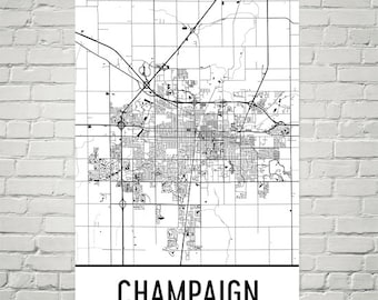 Impression artistique du plan des rues de Champaign IL : décoration d'intérieur moderne