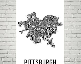Pittsburgh Typography Map Art, Pittsburgh PA Wall Art Print
