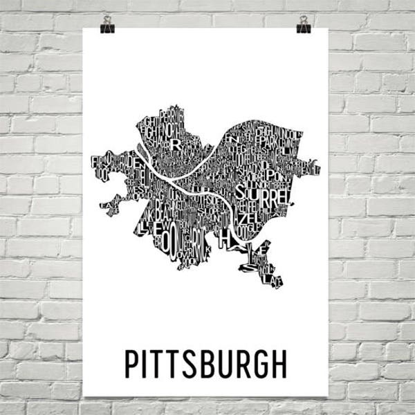 Pittsburgh Typography Map Art, Pittsburgh PA Wall Art Print