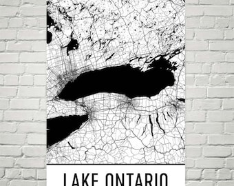 Kaartprint Lake Ontario, grote meren, VS en Canada, decor Lake House