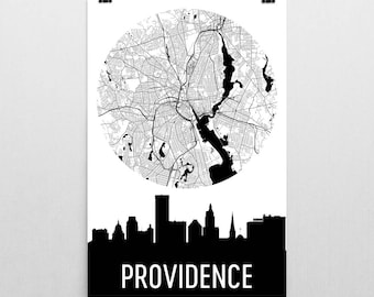 Providence Skyline Map Art Print, Rhode Island Home Decor