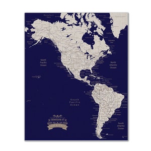 Carte de l'Amérique du Nord, carte du monde, carte du monde, bleu marine, cadeau en toile, oeuvre d'art, carte de l'Amérique du Nord, carte de l'Amérique centrale, carte de l'Amérique du Sud
