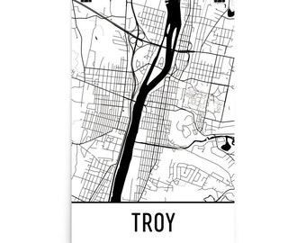 Impresión artística del mapa de Troy, NY: diseño moderno de calles urbanas