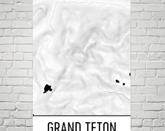 Wydruk mapy topograficznej Grand Teton, sztuka wędrówek w Wyoming