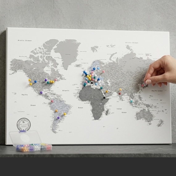 Push Pin World Map Personalized, Travel Map with Pins, Custom World Map, Travel Tracker Canvas, Anniversary Gift for Men, Wedding Gift