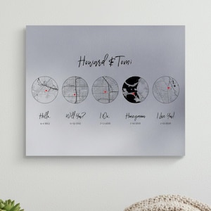 Geschenk zum 10. Jahrestag aus Aluminium für die Frau - Personalisierte Tin Map Timeline - Benutzerdefinierte Beziehungsmeilenstein Art