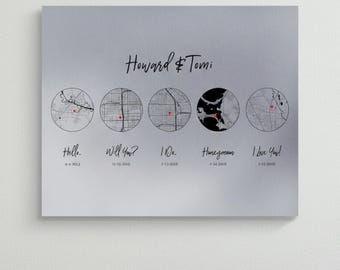 10th Aluminum Anniversary Gift for Wife - Personalized Tin Map Timeline - Custom Relationship Milestone Art