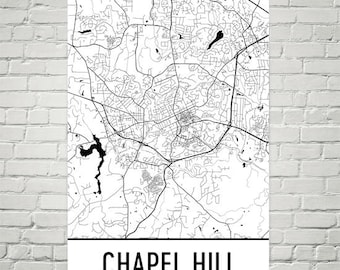 Impression d'art de carte de Chapel Hill en Caroline du Nord : Cadeaux UNC, fabriqué aux États-Unis