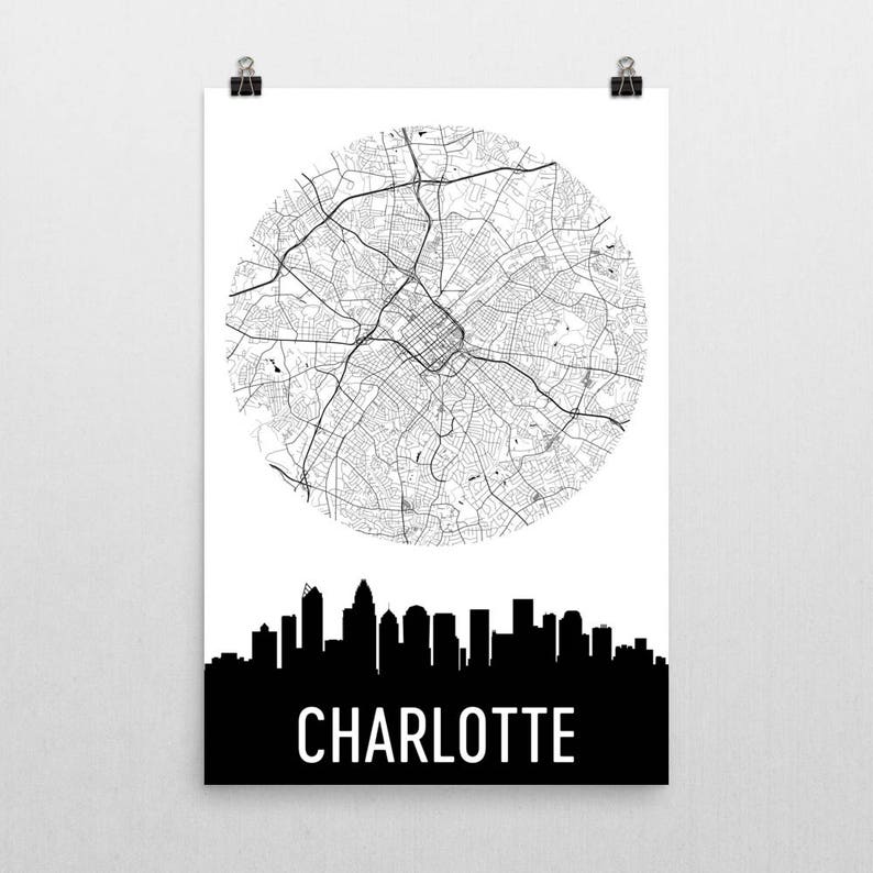 Charlotte Skyline Charlotte Map Charlotte Skyline Art Etsy