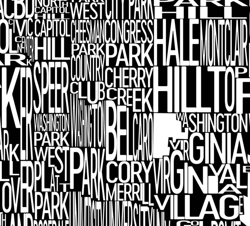 May include: Black and white graphic design featuring a collage of neighborhood names in a bold, sans-serif font. The names are arranged in vertical and horizontal orientations, creating a dense, abstract pattern. The design is a modern, minimalist style.
