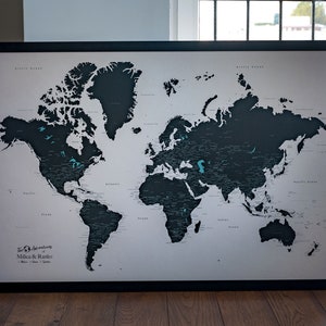 Carte du monde avec punaises, art mural carte du monde, carte de voyage, carte du monde détaillée avec beaucoup de villes, carte du monde de suivi de voyage avec punaises