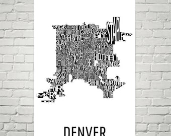 Denver Typography Neighborhood Map Art City Print, Denver Wall Art, Denver Art Poster, Gift, Map of Denver, Denver CO, Denver Colorado