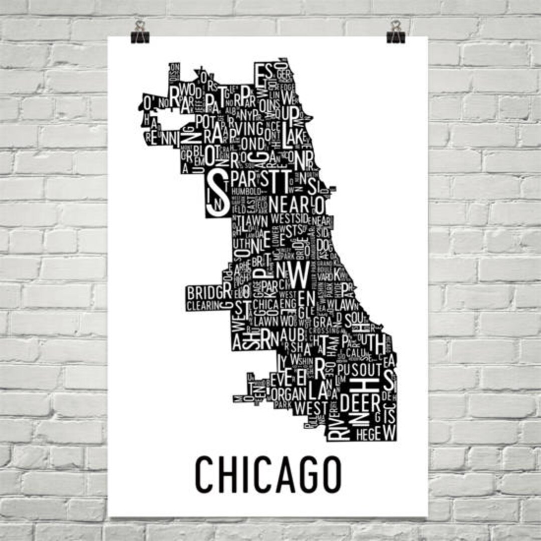 Chicago Typography Neighborhood Map Art City Print, Chicago Wall Art